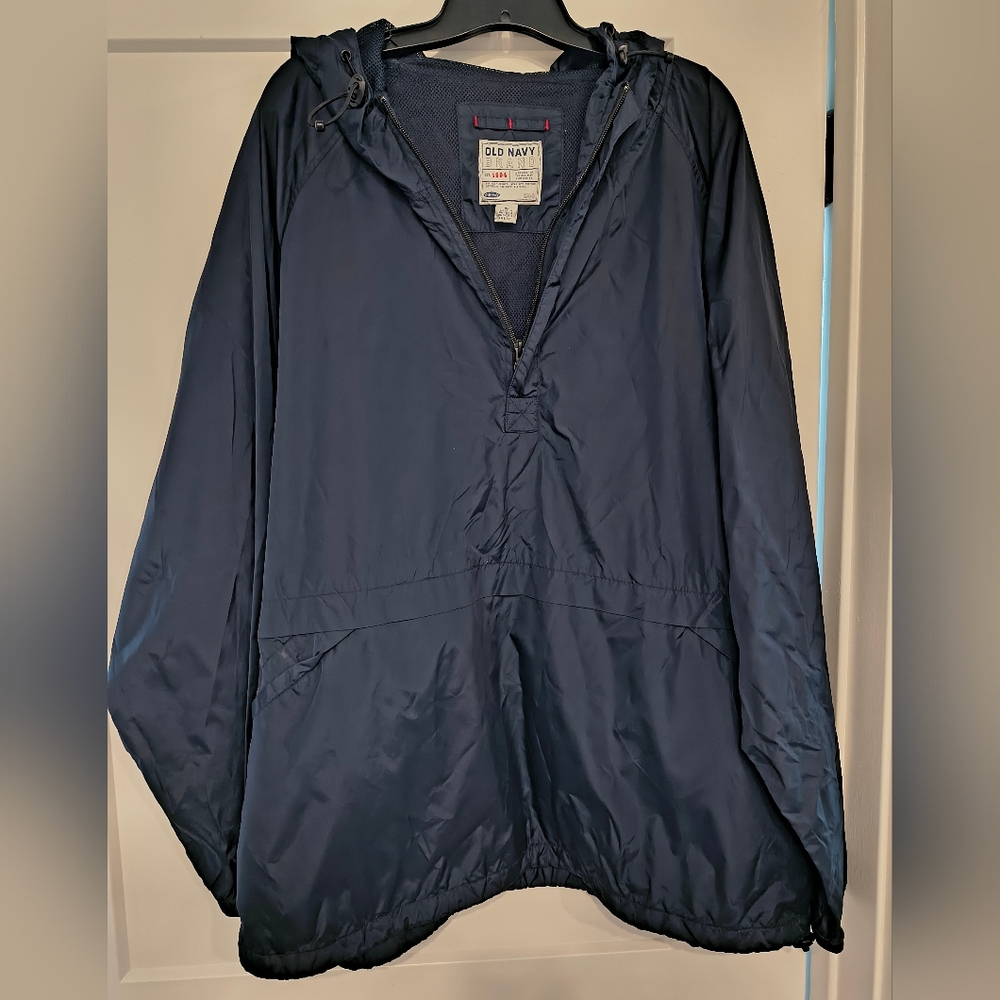 Old Navy VTG Men's XL Deep Blue Windbreaker Hood Rain Jacket   Outdoor Hiking